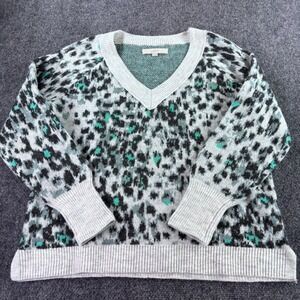 LOFT Sweater Women Medium Grey Teal Leopard Animal Print V-Neck Knit Pullover